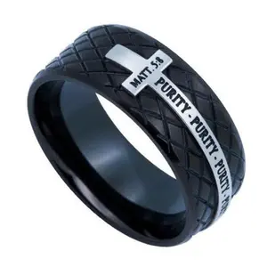 PURITY Ring for Men, Matthew 5:8, Steel Black Diamond Back Cross Ring
