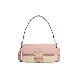 COACH Morgan 27 Detachable Strap Canvas and Leather Tote Bag for Women, Khaki Monogram with Pink Accents