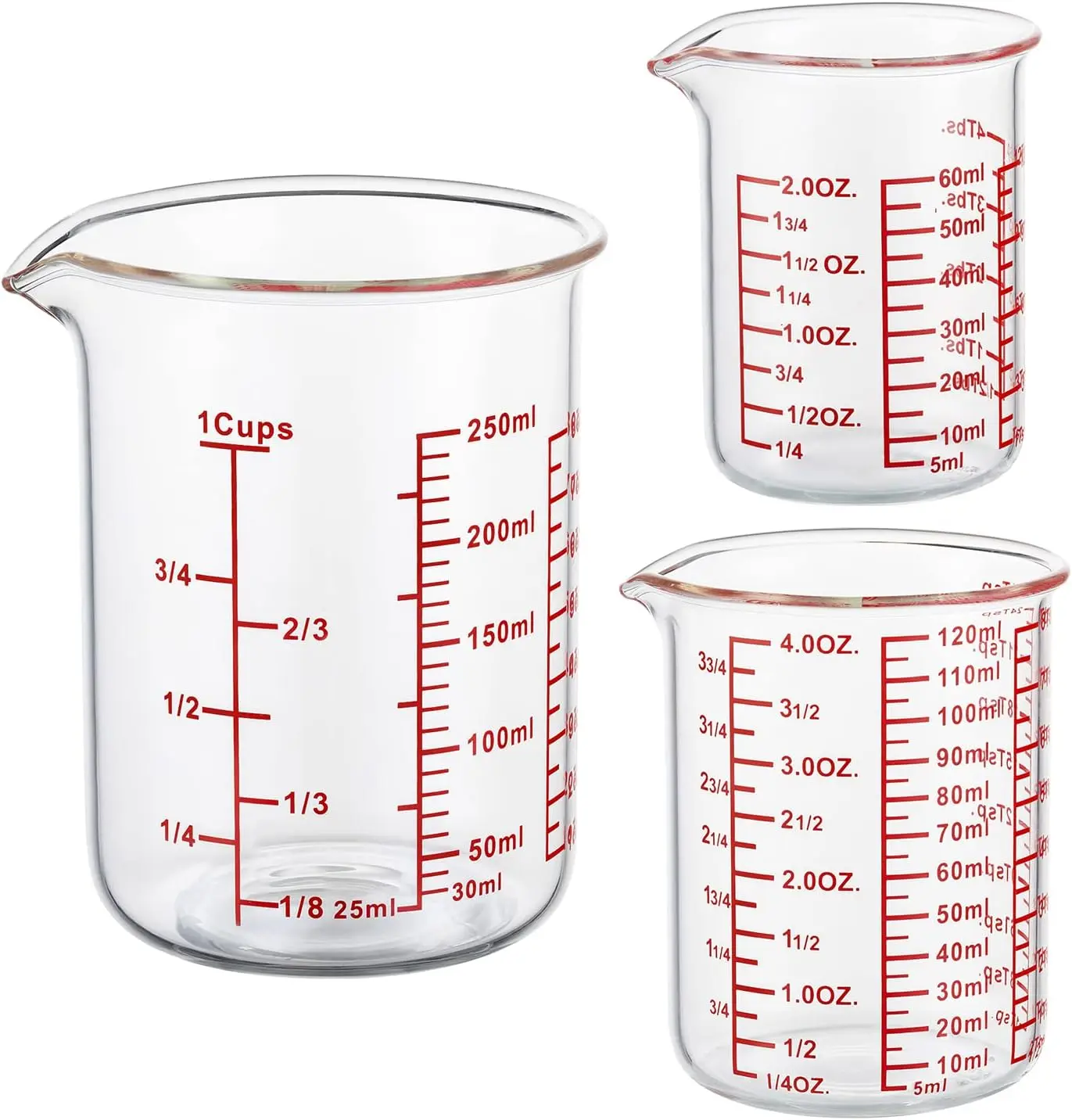 High Borosilicate Glass Measuring Cup Set with Pour Spout,60ml(2OZ),120ml(4OZ), 250ml(8OZ) Glass Measuring Beaker for Kitchen or Restaurant, Easy to Read
