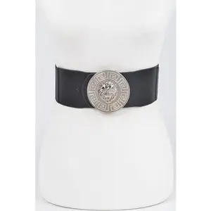 BELT {Elegance} Black Elastic Belt w/Gold Lion Head Buckle ONE SIZE