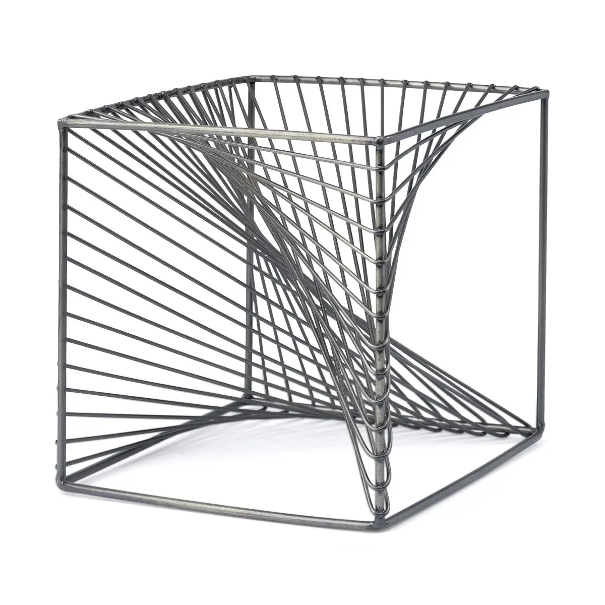Minimalist Matt Gray Metal Cubed Sculpture with 360 Stand - 360-Degree Design, Flowing Rods, 8x8x8" Indoor Decor Statue, Stylish Home Supplies Accent Piece