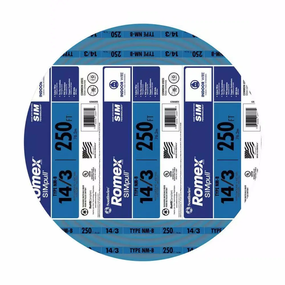 Southwire 63946955 Jacketed NM-B Grounded Solid Copper Non-Metallic Building Cable - 250 Ft., 14 Gauge, 3 Conductors, Blue, Dry, 600V, Heat Resistant, Indoor Home Commercial/Residential Electrical Wiring
