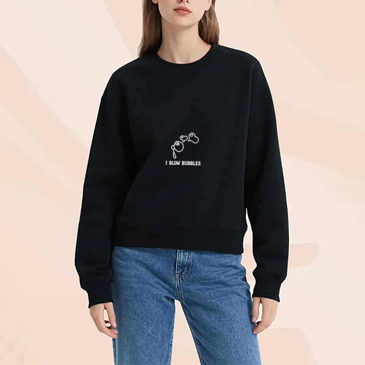 Bubble  Crewneck - Black Sweatshirt with "I Blow Bubbles" Design, Long Sleeve, Casual Style