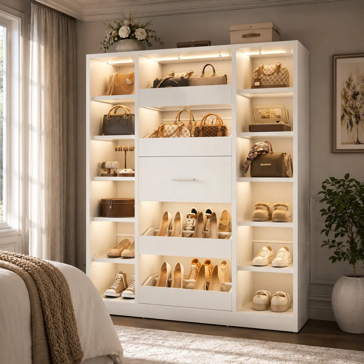 Cyclysio 40"W Freestanding Closet Organizer with Smart RGB LED Lights, Hybrid Bedroom Dresser with 5 Drawers & 12 Shelves, Entryway Closet System Storage Cabinet