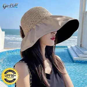 Women's UPF 50+ Black Liner Wide Brim Sun Hat with Bowknot | SunSafeTok BeachTok CoquetteTok That Girl Aesthetic Packable Foldable Straw Woven Bucket Hat | for Beach Vacation Hiking Garden Pool Summer Outdoor Wear