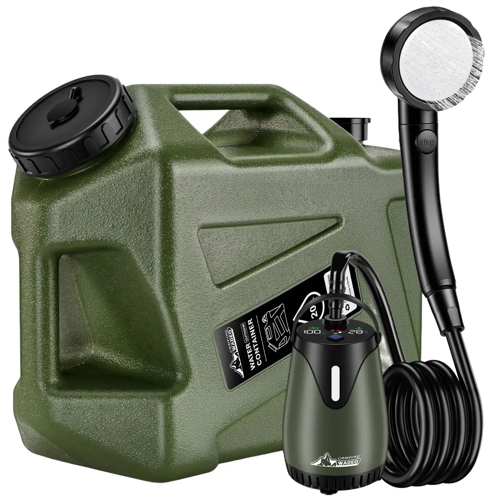 2026 Portable Shower for Camping with 5-Gallon Water Jug, Rechargeable Camping Shower, Food Grade Material Water Containers for Fruit & Vegetables Wash, Integrate Design for Outdoors, Hiking