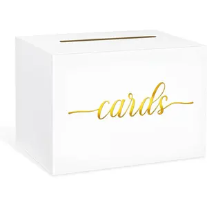 1 Pack White and Gold Foil Card Box for Party, Wedding Card Box Money Box for Birthday, Bridal or Baby Showers, Retirement, Anniversary, Graduation, Raffle Ticket Box