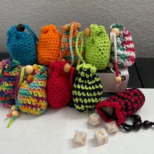 Hand Crocheted Dice Bag Pack - Small Handmade Drawstring Storage Pouch for DnD includes 7 Piece Dice Set in Various Colors