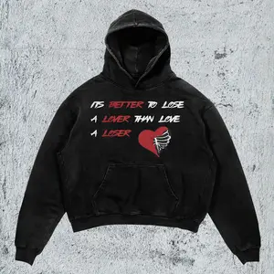 "Love A Loser" Slogan Graphic Hoodie, Y2K Aesthetic Distressed Black Pullover, Unisex Washed Sweatshirt Drawstring Hood for Casual Autumn Wear