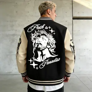 Men's Baseball Jacket Black & Beige Colorblock 100% Polyester Durable Wind-Resistant Jesus Graphic "Path to Paradiso" Print Varsity Coat Y2K Vintage Retro SWAG Streetwear Light Fleece-Lined Casual Sports Winter Jacket Trendy Gift for Boyfriend Fashion