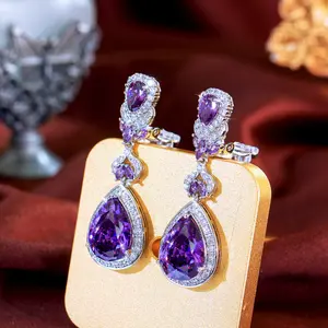 Charming Purple Water Dorp Cubic Zirconia Setting Ear Clip No Pierced Earrings for Women Evening Party Jewelry