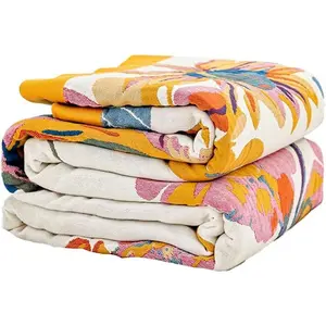 Boho Throw Blanket, 100% Cotton Ultra Soft Luxury Rustic Quilt, 50"x60" Floral Bird Butterfly Farmhouse Decor Bed Blankets, All Season Reversible Bohemian Throw for Bed - Yellow