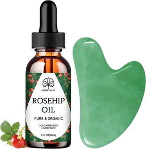 Portable Facial Massage Accessory Set, Heart Shape Jade Gua Sha Tool + Unrefined Rosehip Care Oil, Lightweight Daily Facial Massaging Kit with Carry Pouch for Home Travel Use