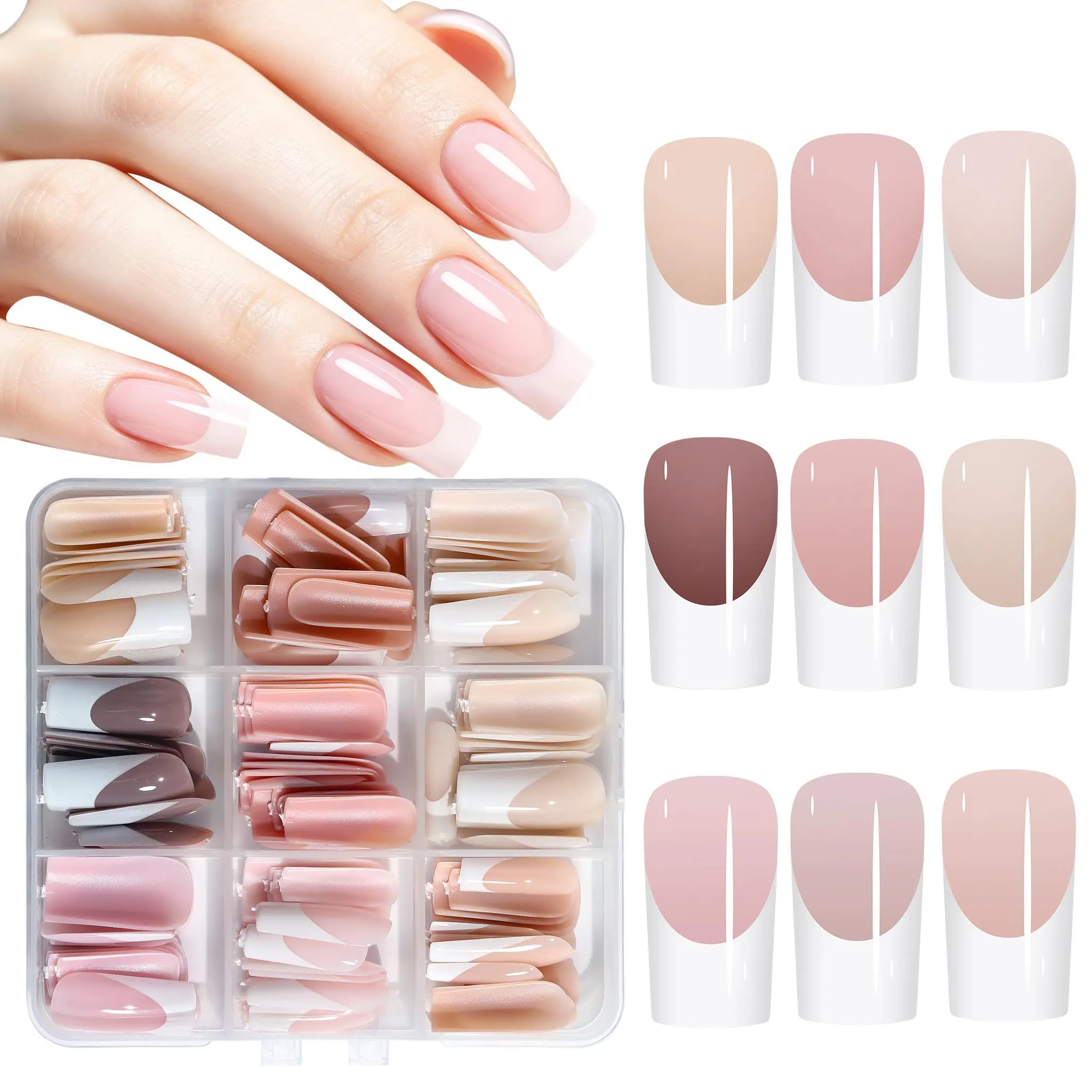 Misscheering 9 Grid Pre Made French Soft Gel Nail Tips Box Medium Coffin Full Cover Fake Nail Extensions Long Lasting DIY Salon