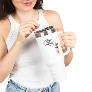 Smells Like Doge Shit Insulated Travel Mug, 40oz, Perfect Gift for Coffee Lovers, Road Trips, and Hands Off Protest Tumbler water bottle vacuum flask Drinkware Lid