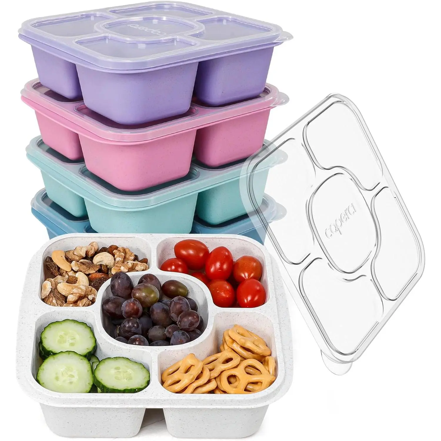 5-Pack Lunchable Container Set for  & Adults - Reusable Bento Snack Box Containers with 5-Compartment for Food Storage & Meal Prep, Wheat Straw, BPA-Free (Dark & Clear Lids)
