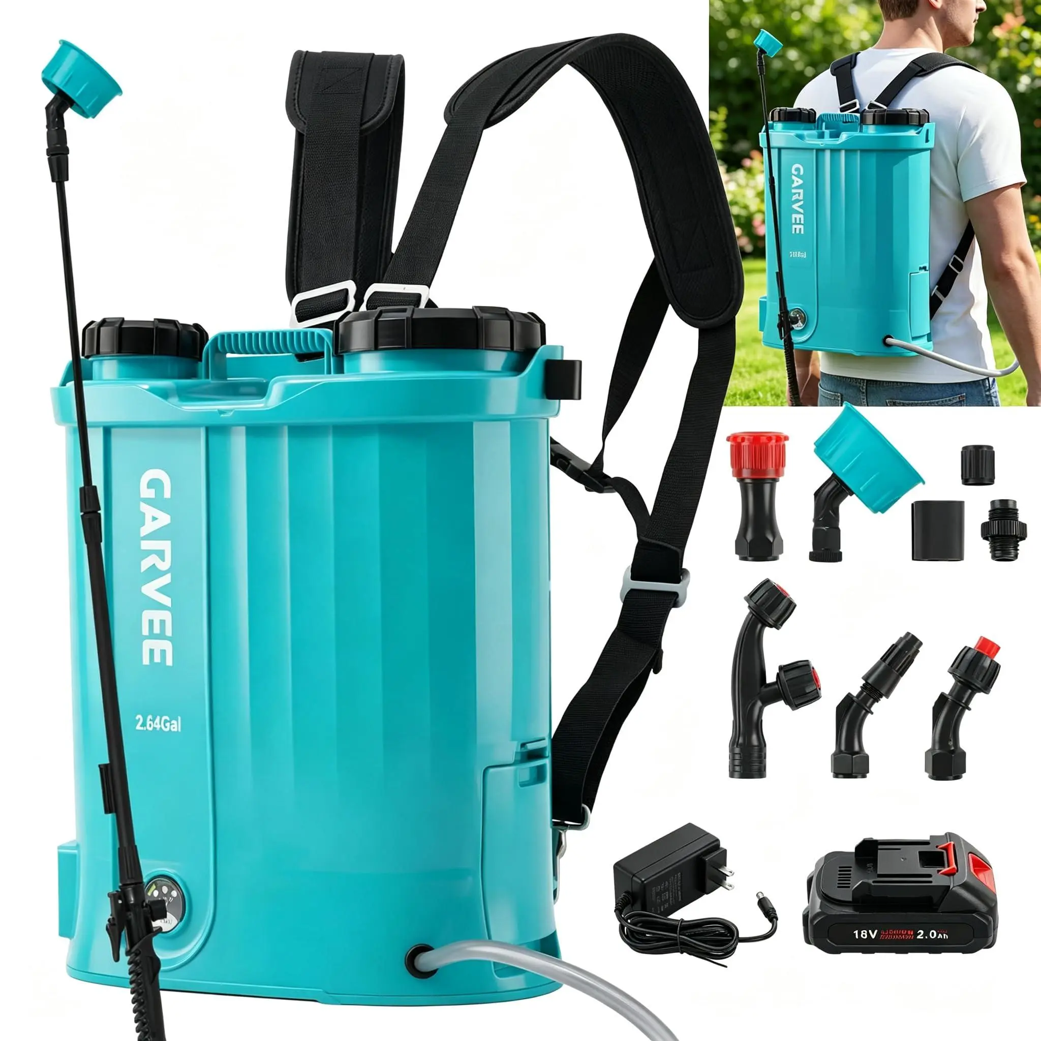 3.17 Gal Battery Backpack Sprayer – Adjustable with 5 Nozzles, 18V 2Ah Battery, 0-65 PSI, Wide Mouth Fill & Padded Straps