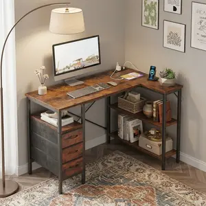 L Shaped Corner Computer Desk White with Drawers & Adjustable Shelves, Built-in Power Outlet Gaming Desk, Multifunctional Study Reading Writing Table for Home Office Bedroom Teacher Use