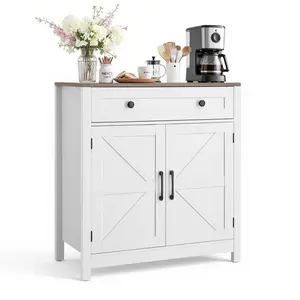VEVOR Coffee Bar Cabinet, Farmhouse Coffee Bar Table with Drawer, Buffet Stand Cabinet with 2 Barn Door, Sideboard Buffet Station for Living Room, Entryway, Kitchen, 29.5 x 14.7 x 31.5 in, WhiteSummervibes