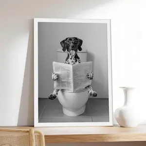 GSP on Toilet _ German Shorthaired Pointer Reading Newspaper, Black And White, Pet & Animal Canvas Print, Minimalist & Neutral-Style Poster, Bedroom Aesthetic Wall Decor.