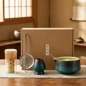 Complete Matcha Tea Set, Japanese Style Gradient Ceramic Matcha Kit, Tea Making Tools, 100 Prong Bamboo Whisk, Scoop, Sifter & Whisk Holder, Ideal for Tea Ceremony