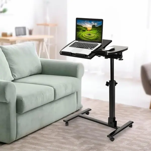 Zeny PVC Height-Adjustable Laptop Stand with Versatile Height Range - MDF Tabletop Movable Workstation, 4 Lockable Casters, Metal Trays, Ergonomic Pad, Safety Edge-Stopper, Comfortable Typing Support, Ideal for Beside Beds & Sofas