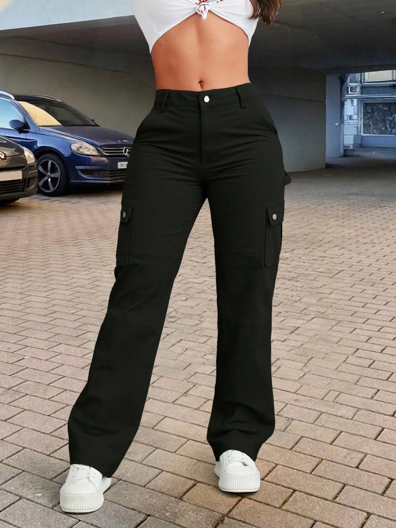Womens Cargo Pants, Casual Style Bottoms, High Waisted Black Wide Leg Utility Loose Fit Flap Pocket Button Pocket Workwear Combat Tactical Streetwear Casual Street Y2K Casual Everyday Full Length Zip Fly Closure Trend Minimalist Casual Fashion Pants