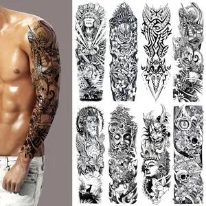 Black Full Arm Temporary Tattoo for Men, 8 Sheets Military Skull Skeleton Sleeve Tattoos Temporary, Totem Demon Horrible Fake Tattoos That Look Real, Lion for BBQ Pool Beach Party