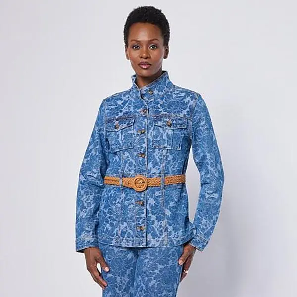 DG2 by Diane Gilman Stretch Jacquard Denim Safari Jacket DG2 by Diane Gilman Stretch Jacquard Denim Safari Jacket