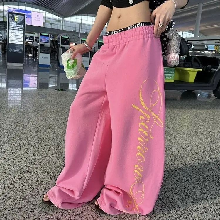 Y2K Streetwear Pink Star Print Wide Leg Sweatpants, Soft High Waist Ankle Baggy Pants for Big Thigh, Spring Casual Dance Joggers Back to School Fits Lounge Wear