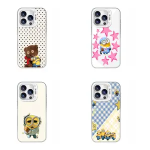 Cute Anime Minion Patterned Silver-Finish Phone Case — Compatible with iPhone 12, 13, 14, 15, 16, 17 — High-Transparency, Flowing-Light Effect, Premium Full-Coverage Protective Case