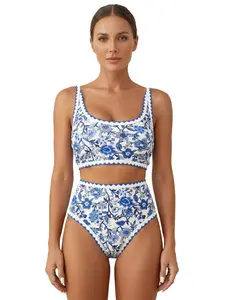JointlyCreating Women's Bikini Sets Floral Print Whip Stitch 2 Piece Swimsuits High Waisted Scoop Bathing Suits for Summer Beachwear