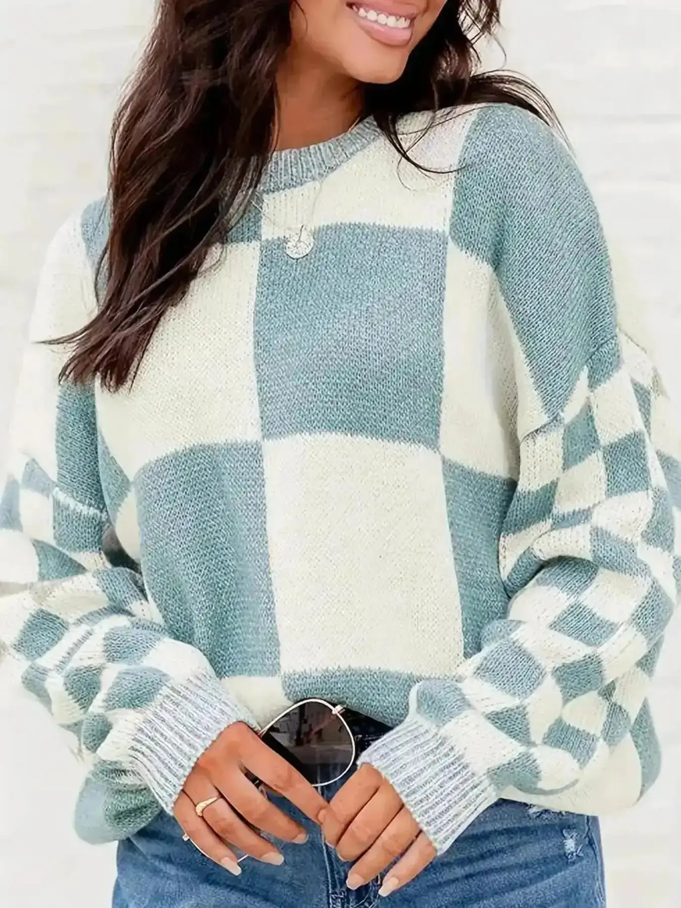 Retro Women's Plaid Print Drop Shoulder Sweater, Casual Long Sleeve Round Neck Jumper for Fall & Winter, Fashion Ladies' Knitwear Daily Wear, Versatile All-Season Durable Wear Elegant Modern Classic Comfortable Stretchy