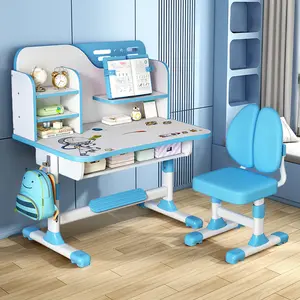 Student Learning Desk and Chair Set Blue Desk Set Height Adjustable with Drawers and Storage Compartments Desktop Cartoon Learning Desks and Chairs