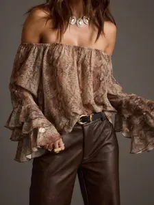 Snake Print Off-Shoulder Chiffon Top, Flared Leaf Sleeves, Casual Sexy Style, Perfect for Night Out, Birthday Party