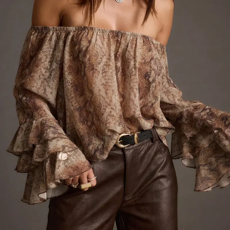 Snake Print Off-Shoulder Chiffon Top Blouse, Flared Leaf Sleeves, Casual Sexy Style, Perfect for Night Out, Birthday Party