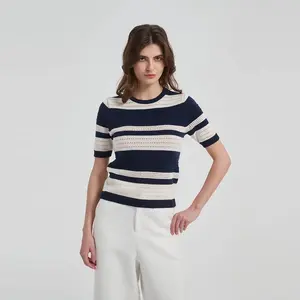 Women's Short Sleeve Pointelle Crewneck Sweater - A New Day Navy Blue Striped M