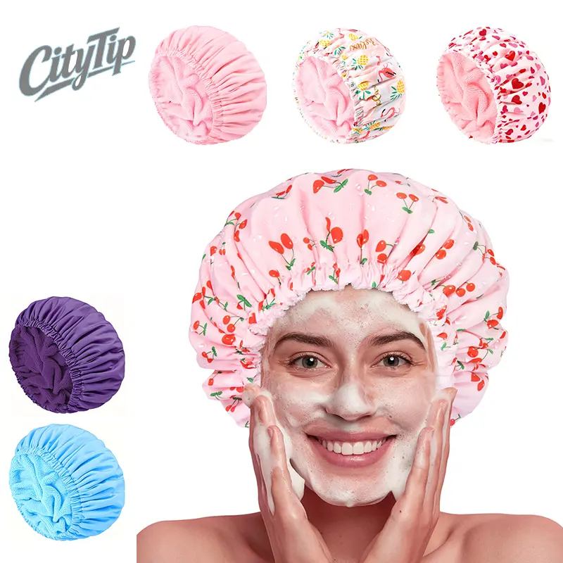 Shower Cap for Women Terry Lined Bath Cap Large Reusable Waterproof Elastic Band Pink Shower Caps for Long Thick Hair Soft Bath Shower Hair Caps