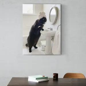 Funny Black Cat Brushing Teeth Wall Art - Humorous Animal Canvas Print Decor - Quirky Towel Cat Poster for Living Room, Bedroom or Office, Pet Lover Novelty Gift