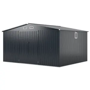 COSTWAY - 12 x 9.8 Feet Outdoor Storage Shed with Lockable Door and Pitched Roof-Gray