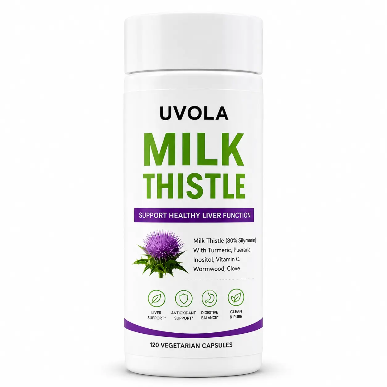 Milk Thistle Liver Support Supplement with 80% Silymarin, Inositol, Turmeric, Clove, Vitamin C and L-Methionine, Digestive and Antioxidant Support, 120 Capsules