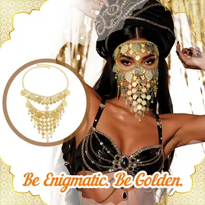 Women's Halloween Boho Akasha Multi-Layer Coin Tassel Face Veil Belly Dancer Outfit Mask