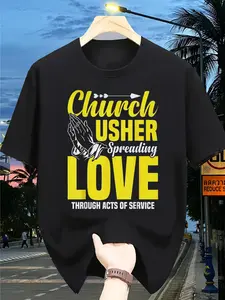 Church Usher T-Shirt Suitable for Church Apparel & Usher Duties Design, Comfortable Casual Round Neck Short Sleeve Top with Usher Role Print, Machine Washable Church Member Outfits for Worship Services and Daily Wear