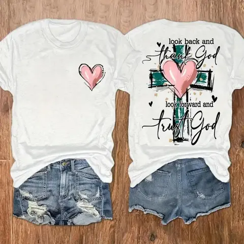 Women's Printed Short-Sleeve Round Neck Cotton T-Shirt - Thank God Trust God Faith Quote, Pink Heart Cross Graphic, Cozy Cotton Tops for Women, Christian Casual Religious Enthusiast Wear