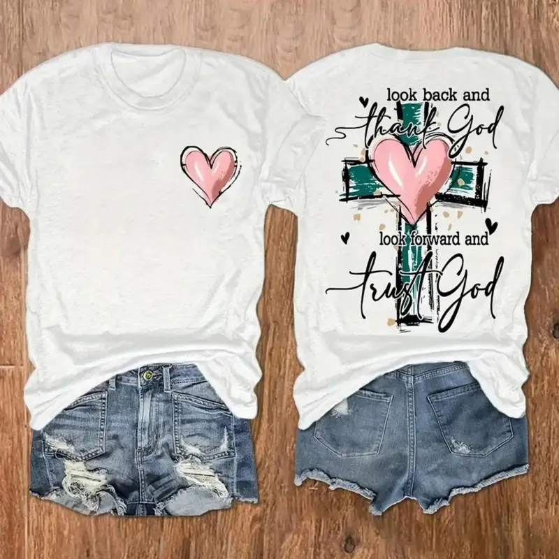 Women's Printed Short-Sleeve Round Neck Cotton T-Shirt - Thank God Trust God Faith Quote, Pink Heart Cross Graphic, Cozy Cotton Tops for Women, Christian Casual Religious Enthusiast Wear