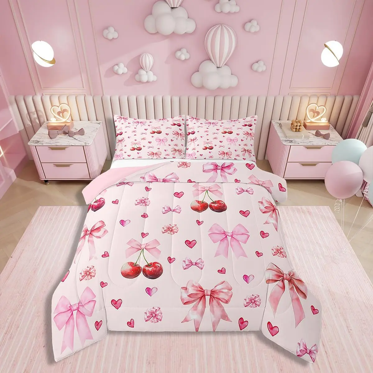 Feelyou Durable Breathable Microfiber Bedding Set - Multi-Size Queen Matching Bedding with Pink Ribbon Bow Motif, Kawaii Princess-Style Cherry Bow Quilt Insert, Travel-Friendly Machine Wash Blanket for Girls' Girly Bedrooms