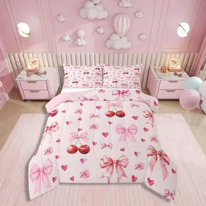 Cherry Bow Bedding Set,Coquette Comforter,Pink Ribbon Bows Bedding Sets,Kawaii Princess Style Bed Set,Romantic Bowknot Quilt Insert