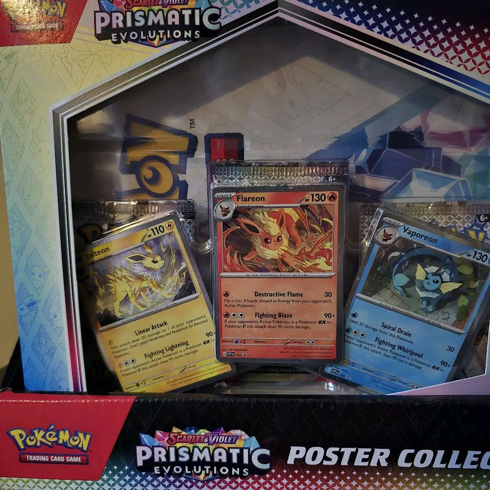 Pokémon Prismatic Evolution 3 Pack Poster Collection Set Featuring Flareon Vaporeon and Lucario Cards