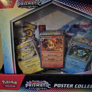 Pokémon Prismatic Evolution 3 Pack Poster Collection Set Featuring Flareon Vaporeon and Lucario Cards
