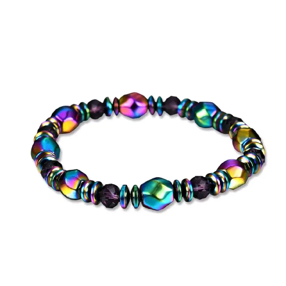 Rainbow Magnetic Hematite Beaded Bracelet – Iridescent Therapy Stretch Jewelry for Mind & Body Balance